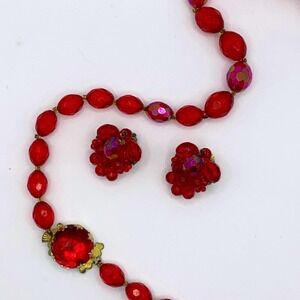 Vintage 1960s Hong Kong Iridescent Red Acrylic Bead Necklace & Clip-On Earrings